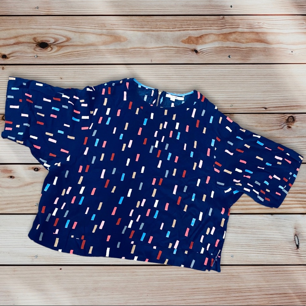 Boden Navy Blue top with colorful lines with zip in the back
